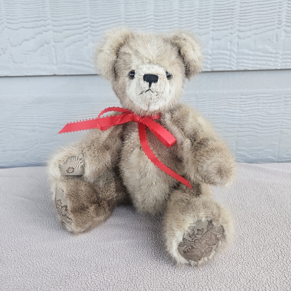 Handmade Anna Jointed Mohair Teddy Bear Red Bow 11" Brown Maine 1999 VTG